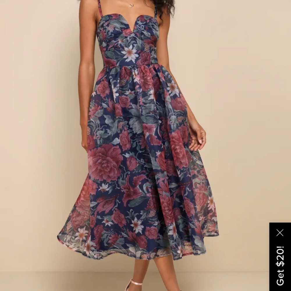 Cherished Aura Navy Blue Floral Organza Bustier Midi Dress